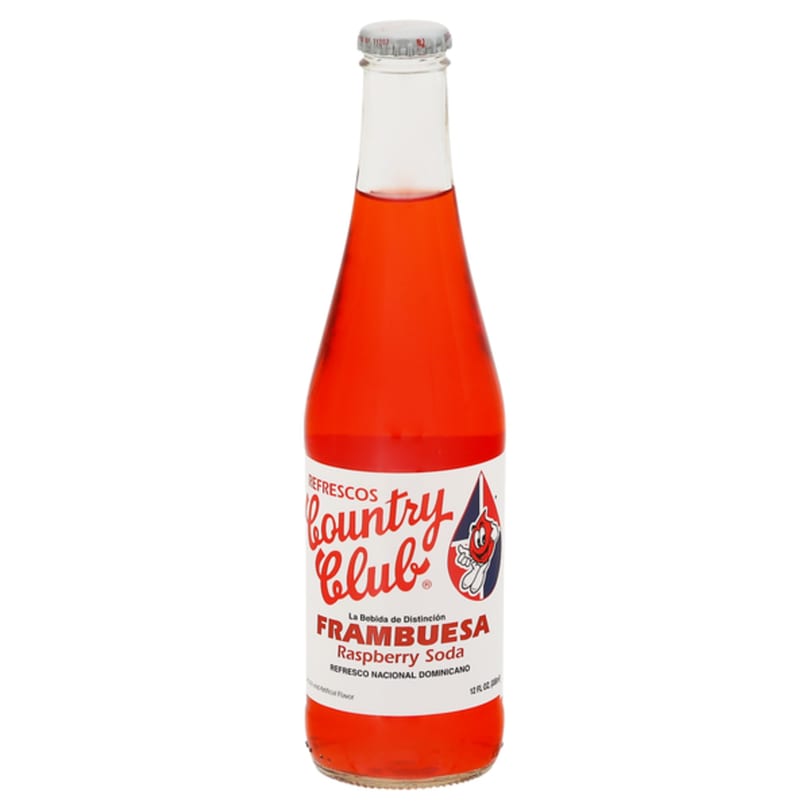A glass bottle of Country Club Frambuesa Raspberry Soda, a Dominican national refreshment.